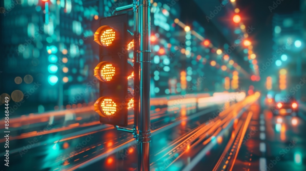 Poster smart traffic lights linked to 5g networks have the ability to adjust signal timings to accommodate 