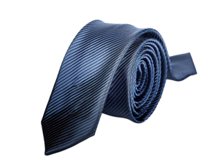A blue tie is rolled up on a white background