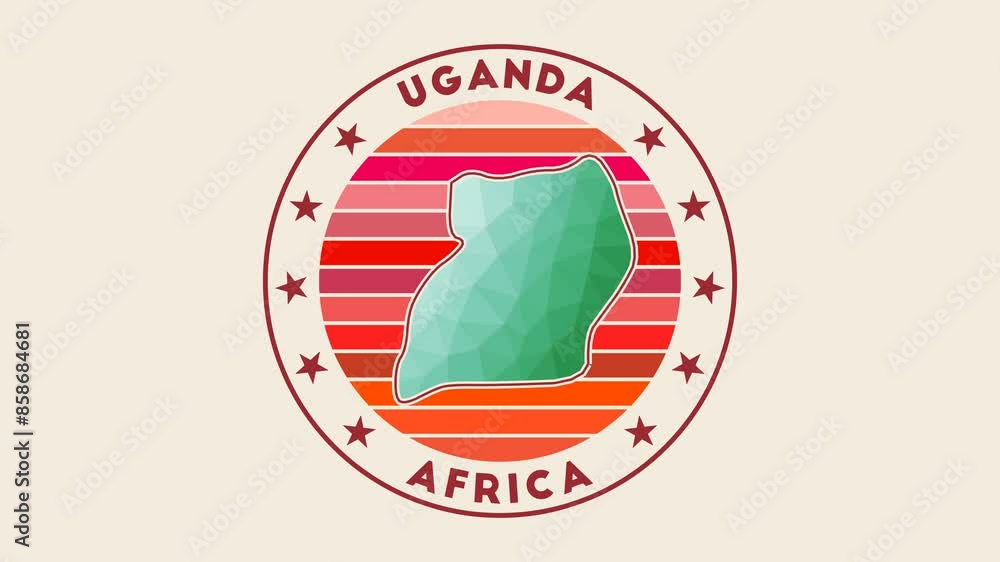 Poster uganda intro video. badge with the circular name and map of the country in low poly tech geometric s