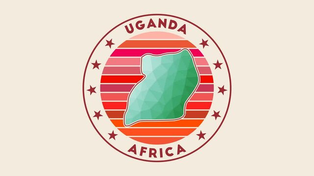 Uganda intro video. Badge with the circular name and map of the country in low poly tech geometric style. Cool country round logo animation.