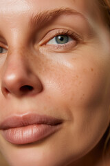 Naklejka premium Detailed Close-Up Photo of a Middle-aged Woman in Her 40s with Glowing, Healthy Skin, Without Makeup