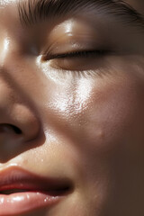 Naklejka premium Detailed Close-Up of a Young Woman in Her 30s with Glowing, Healthy Skin, Without Makeup