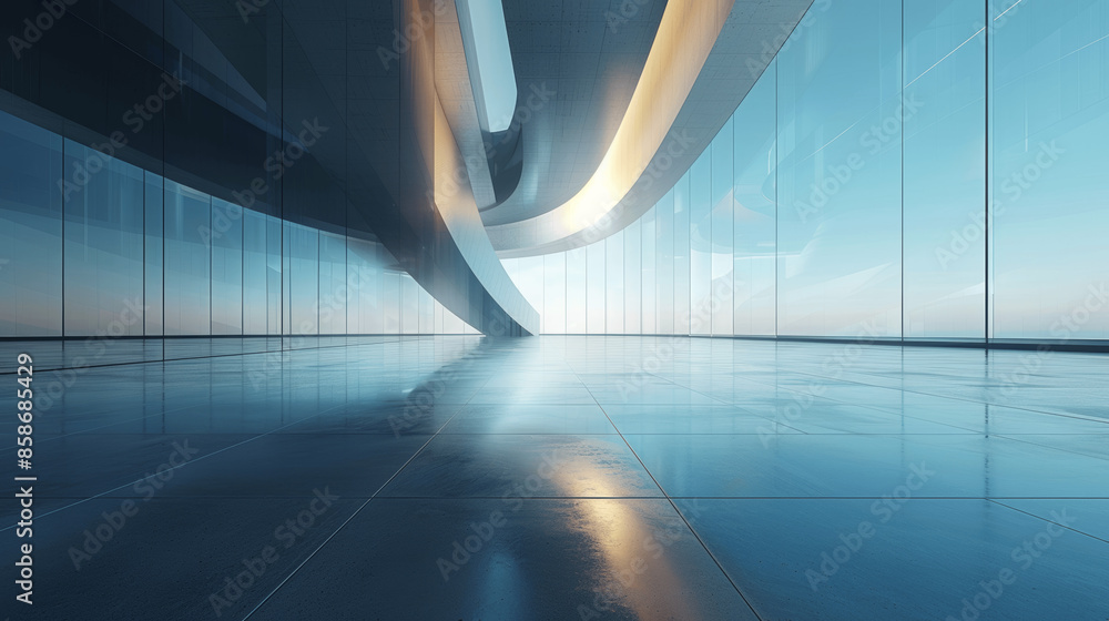 Poster minimalist 3d render of futuristic glass cube architecture reflected on polished concrete