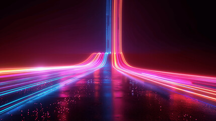 3D rendering neon light background with speed road effect, glowing streaks, colorful laser rays in blue pink red violet