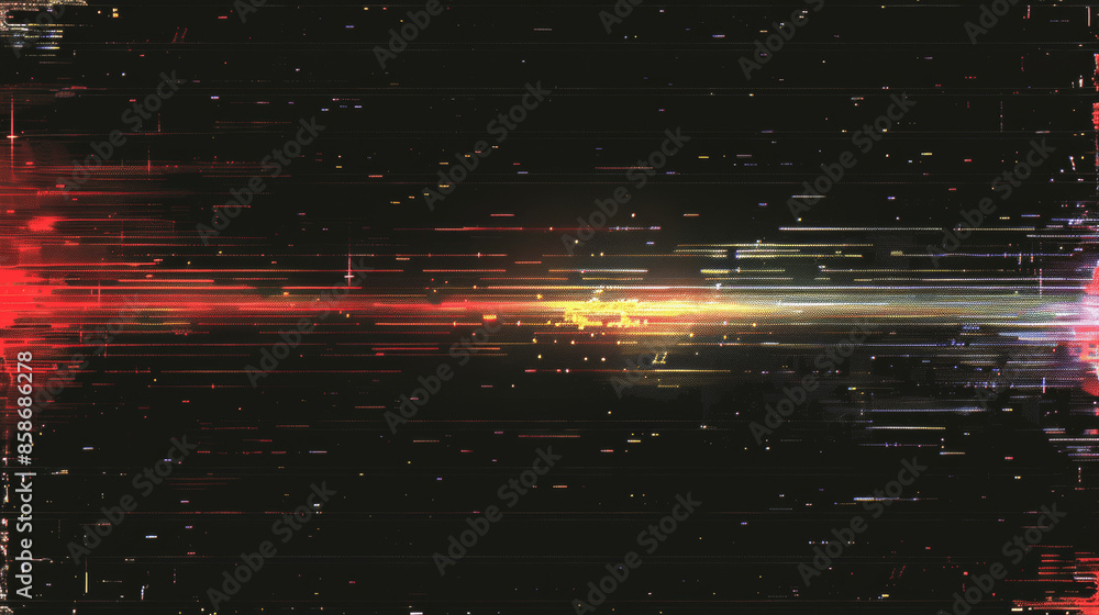 Poster glitch noise texture on black background with vhs distortion and analog grain, video overlay backgro