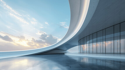 Fototapeta premium 3D Render of White Futuristic Curved Concrete Architecture with Blue Sky and Water Reflection