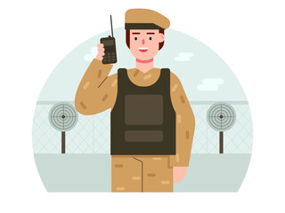 Army woman using HT. Army vector illustration