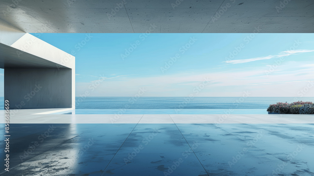 Poster 3d render of modern minimalist architecture with empty concrete floor and open sea view background, 