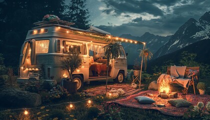 Boho van parked in a beautiful location. The van is decorated with tapis, hanging lights and potted plants