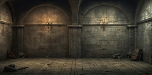 dungeon background of an old stone church featuring a wooden door and a stone wall