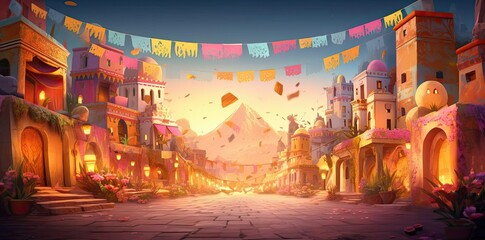 fiesta background featuring a colorful array of buildings, including a pink building, a building, and a white building, with a banner in the foreground