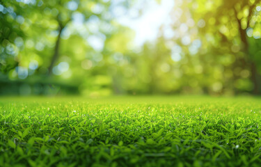 Naklejka premium Beautiful blurred spring background with green grass trees blue sky sunny day neatly trimmed lawn