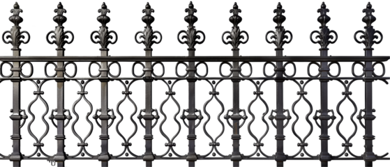 A black iron fence with many decorative elements