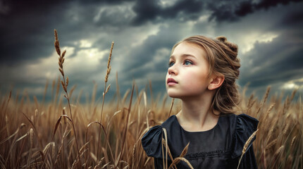 A young female child standing in a field of grass that has turned to seed. She is looking upwards as if spotting something in the distance. She is wearing a black dress.