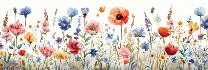 Watercolor Wildflower Field Border Panorama with Vibrant Spring Meadow Flowers Illustration