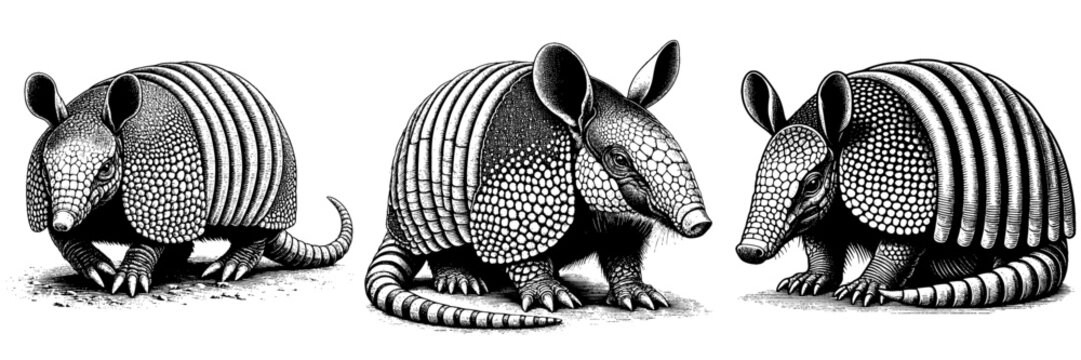 armadillo isolated white background in vector engrave black and white