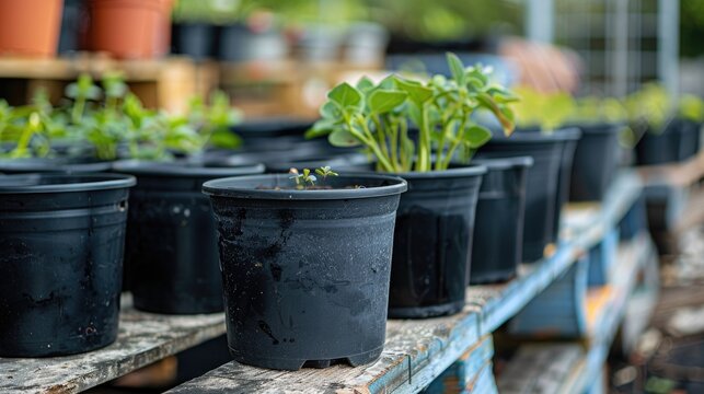 A row of black plastic plant pots on discarded containers