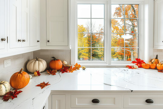 White kitchen with autumn pumpkin decor and fall foliage, modern interior design for Halloween