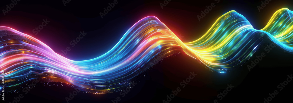 Poster 3d render abstract neon light background with glowing lines and wavy forms isolated on black colorfu