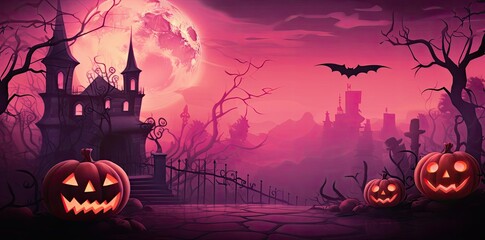 pink halloween background with pumpkins, castle, and moon, featuring a black bat, metal fence, and bare tree
