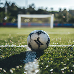 A close-up of a soccer ball at the center of a perfectly manicured grass field, with the goalposts blurred in the background. 