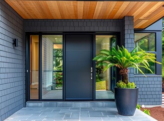 Beautiful home entrance with front door, gray shingle wall and wooden ceiling