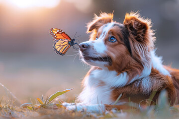 Playful pet dog happy playing catching a butterfly outside