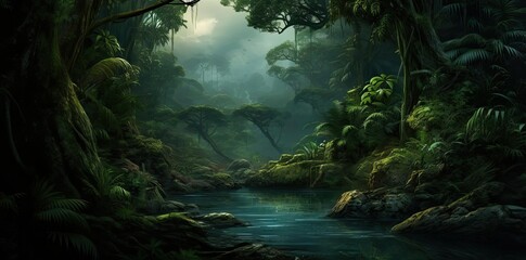 rainforest background featuring a serene river flowing through lush greenery, with a towering tree in the foreground