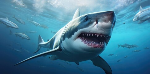 Fototapeta premium shark background in the ocean a shark swims through the water, surrounded by a variety of fish including white, blue, gray, and blue - and - white varieties