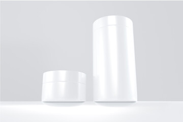 3D Rendering Blank Packaging White Mockup of different cosmetic bottles and container isolated on white background.
