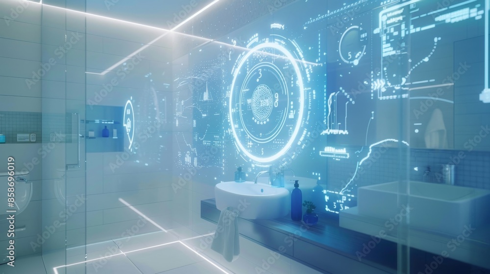 Poster a bathroom with a smart mirror that displays realtime information such as news weather and reminders
