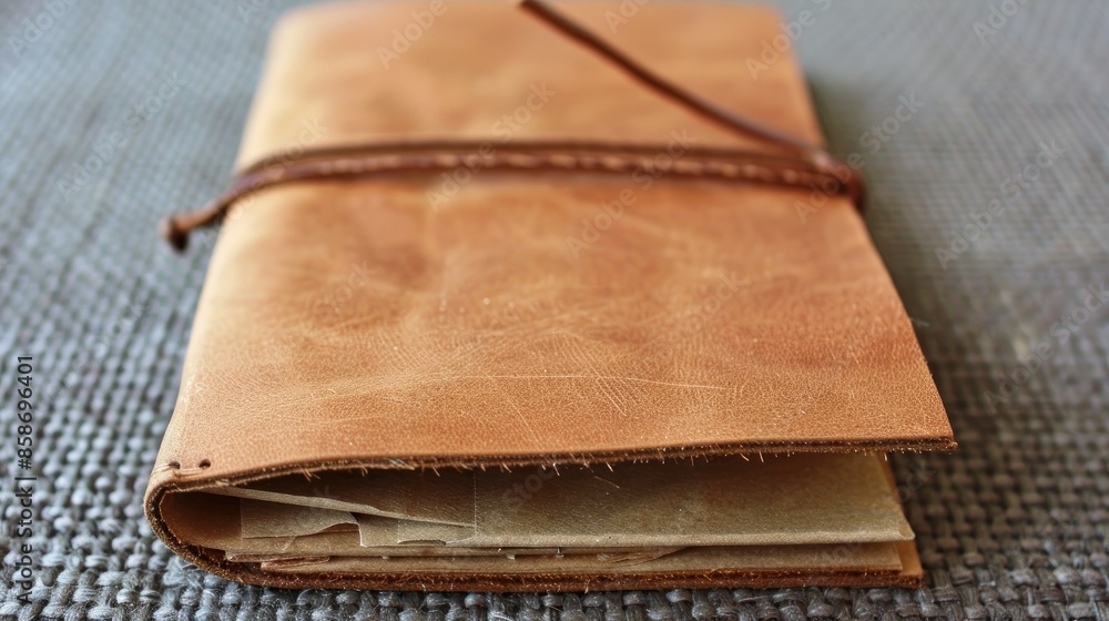 Poster close up image of a brown covered notebook