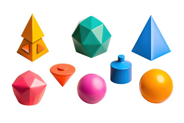 Colorful 3D geometric shapes including spheres, pyramids, and prisms arranged on a white background.
