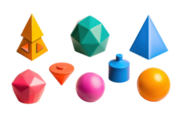 Colorful 3D geometric shapes including spheres, pyramids, and prisms arranged on a white background.