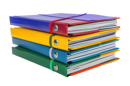 Stack of colorful folders with documents, ideal for organizing office or school paperwork and keeping important files secure and accessible.