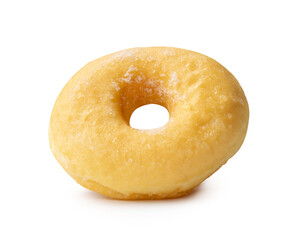 Front view of single brown cinnamon donut isolated with shadow in png file format