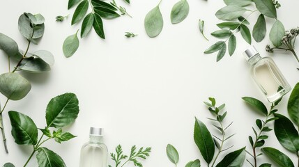 Natural skincare and body care with plant leaves on white background Eco friendly concept with copy space