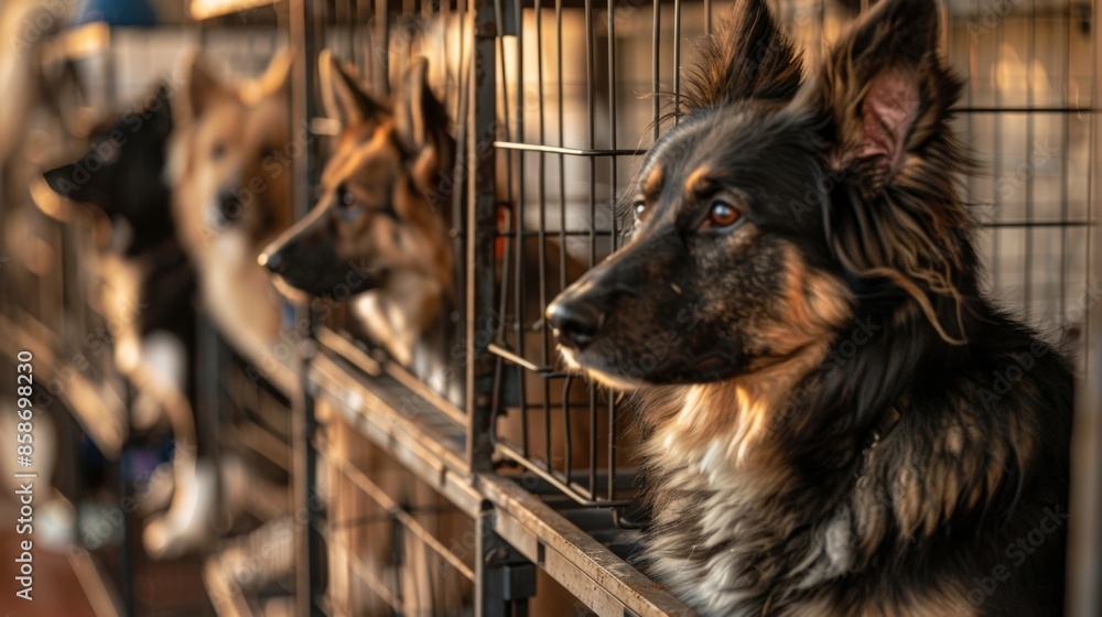 Poster a hazy snapshot of dogs of all shapes and sizes waiting patiently in their respective crates before 