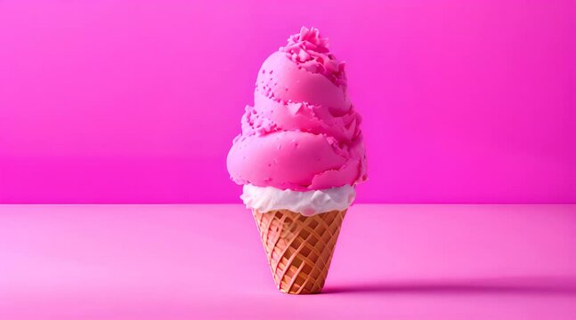A single scoop of ice cream with a bright pink bow wrapped around the cone, perfect for a sweet treat or as a colorful addition to any scene