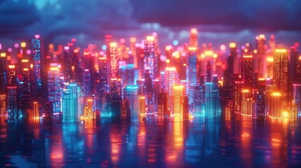 Obraz premium Vibrant cityscape at dusk with illuminated buildings