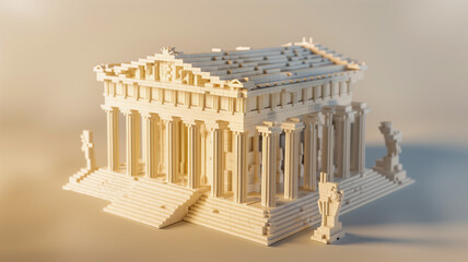 Obraz premium A detailed Parthenon model from white bricks. Showcases iconic architecture and columns, bringing a classic monument to life.