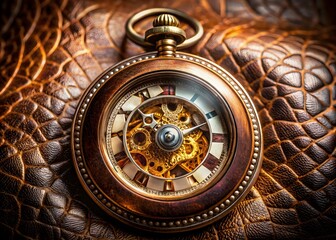 Fototapeta premium An Antique Gold Pocket Watch With Intricate Gears Exposed Against A Luxurious Brown Leather Background.