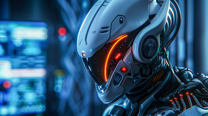 Fototapeta premium A robot’s head displays intricate design and glowing elements, showcasing modern robotics and technology’s progression