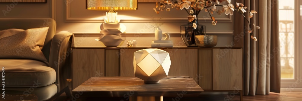 Poster an elegant lamp with a faceted geometric base adding a touch of sophistication to any room.
