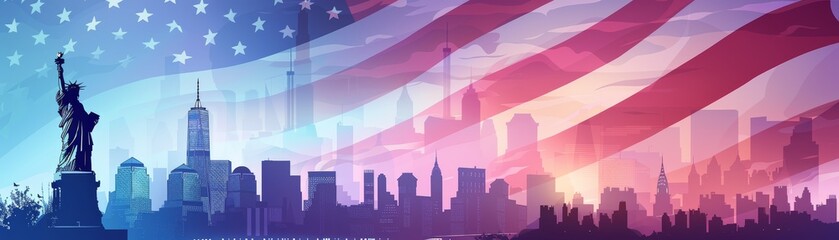 Silhouette of the Statue of Liberty against a backdrop of the American flag and city skyline.