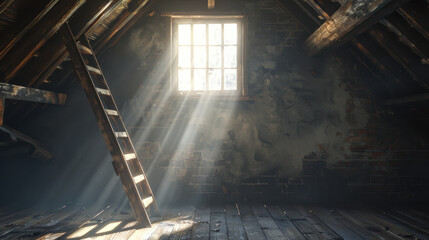 A ladder is leaning against a wall in a dark room