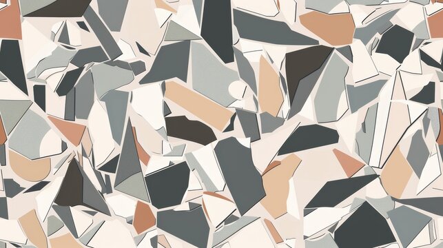 Abstract geometric pattern with scattered shapes in shades of grey, brown, and beige.