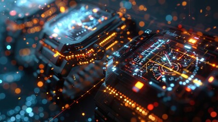 Fototapeta premium A pair of smart watches sit side by side their screens mirrored as they send and receive data in the form of dotted lines that light up in response to each others movements.