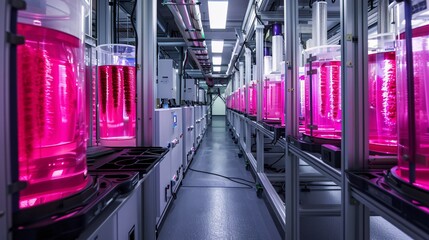In a state-of-the-art facility, rows of bioreactors brimming with nutrient-rich solutions glow softly pink. Suspended within, small meat samples demonstrate the scale of cultured meat production.