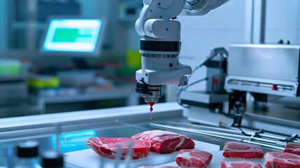 Robotic arm transferring cultured meat samples within a sterile laboratory environment. The image represents the automation potential within the cellular agriculture industry.